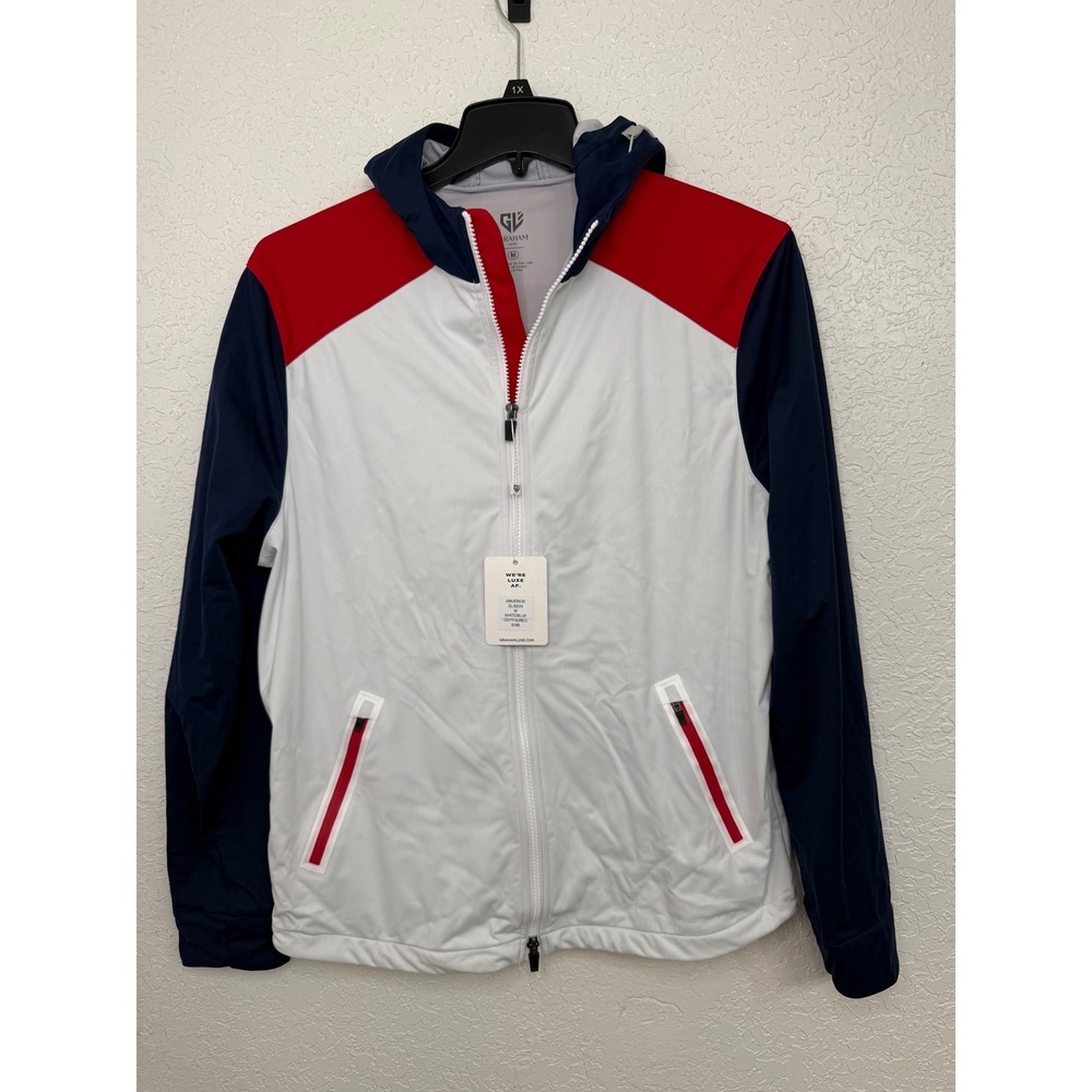 Graham Luxe Maverick Full Zip Hooded Jacket White Blue Red GL30024 Mens M NWT